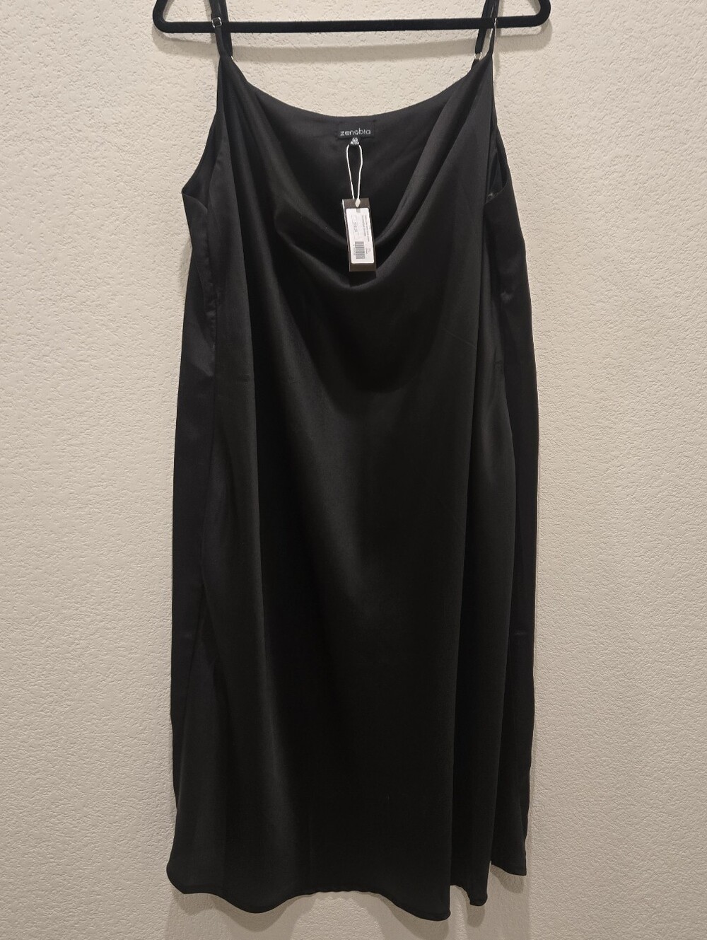3XL New Zenobia Black Satin Slip Dress with Cowl Neck